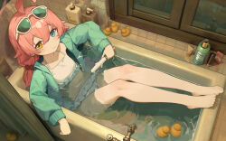 Rule 34 | 1girl, absurdres, ahoge, barefoot, bathtub, bikini, blue-tinted eyewear, blue archive, blue eyes, blue jacket, blush, breasts, closed mouth, collarbone, commentary request, double-parted bangs, eyewear on head, feet, food, frilled bikini, frills, hair between eyes, hair bobbles, hair ornament, heterochromia, highres, holding, holding food, holding popsicle, hoshino (blue archive), hoshino (swimsuit) (blue archive), jacket, legs, legs up, long hair, long sleeves, looking at viewer, low twintails, official alternate costume, open clothes, open jacket, partially submerged, pink hair, popsicle, puffy long sleeves, puffy sleeves, reverse cowgirl position, revision, rubber duck, sex from behind, shijiuuuuuuu, small breasts, solo, straddling, swimsuit, tinted eyewear, toes, twintails, white-framed eyewear, white bikini, yellow eyes