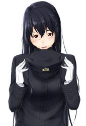 Rule 34 | 10s, 1girl, anchor symbol, black hair, breasts, brown eyes, commentary request, female admiral, female admiral (kancolle), female focus, gloves, hair between eyes, hat, unworn hat, unworn headwear, highres, holding, holding hat, jacket, kantai collection, long hair, long sleeves, looking at viewer, military, military hat, military uniform, niwatazumi, open mouth, peaked cap, sidelocks, solo, tatebayashi sakurako, uniform, upper body, white background, white gloves