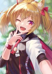 Rule 34 | 1girl, ;d, akabane hibame, animal ear fluff, animal ears, arknights, blonde hair, blush, cape, commentary request, day, fang, fingernails, highres, long fingernails, long hair, looking at viewer, necktie, one eye closed, open mouth, outdoors, outstretched arm, red cape, red eyes, red necktie, selfie, short sleeves, skin fang, smile, solo, sora (arknights), twintails, upper body, v, wolf ears, wristband