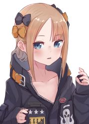 Rule 34 | 1girl, abigail williams (fate), abigail williams (traveling outfit) (fate), absurdres, black bow, black jacket, blue eyes, blush, bow, brown hair, collarbone, commentary request, fate/grand order, fate (series), hair bow, hair down, heroic spirit traveling outfit, highres, jacket, kopaka (karda nui), long hair, long sleeves, looking at viewer, multiple hair bows, official alternate costume, orange bow, parted bangs, parted lips, simple background, sleeves past wrists, solo, upper body, white background