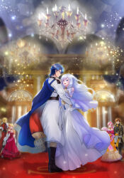 absurdres aristocratic_clothes arm_around_waist black_coat black_footwear blonde_hair blue_cape blue_eyes blue_hair boots brother_and_sister brown_hair candle cape chandelier coat dancing deirdre_(fire_emblem) deirdre_(masquerade)_(fire_emblem) diffraction_spikes dress eldigan_(fire_emblem) eldigan_(masquerade)_(fire_emblem) ethlyn_(fire_emblem) ethlyn_(masquerade)_(fire_emblem) eye_contact fire_emblem fire_emblem:_genealogy_of_the_holy_war fire_emblem_heroes folding_fan full_body glint gown grey_hair hand_fan highres holding holding_fan husband_and_wife indoors lachesis_(fire_emblem) lachesis_(masquerade)_(fire_emblem) light_blush long_dress long_hair long_sleeves looking_at_another multicolored_clothes multicolored_dress nintendo official_alternate_costume purple_dress quan_(fire_emblem) quan_(masquerade)_(fire_emblem) red_coat short_hair siblings sigurd_(fire_emblem) sigurd_(masquerade)_(fire_emblem) sparkle standing white_coat white_dress yuino_(fancy_party)