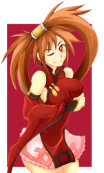 Rule 34 | 1girl, arc system works, bare shoulders, breasts, bridal gauntlets, brown eyes, brown hair, china dress, chinese clothes, detached sleeves, dress, guilty gear, hair ornament, highres, impossible clothes, kuradoberi jam, large breasts, long hair, mairu dou, miniskirt, skirt, solo, very long hair, wink