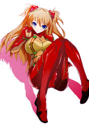 Rule 34 | 00s, 1girl, blue eyes, blush, bodysuit, breasts, brown hair, evangelion: 2.0 you can (not) advance, highres, knees together feet apart, large breasts, latex, legs up, long hair, multicolored clothes, neon genesis evangelion, plugsuit, rebuild of evangelion, sawa (sawa-house), simple background, sitting, skin tight, smile, solo, souryuu asuka langley, test plugsuit
