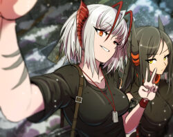 Rule 34 | 2girls, alternate costume, annoyed, antenna hair, arknights, arm tattoo, black hair, black shirt, blurry, breasts, closed mouth, commentary, demon horns, depth of field, dog tags, english commentary, grey hair, grin, highres, horns, ines (arknights), jewelry, long hair, looking at viewer, medium breasts, multicolored hair, multiple girls, necklace, outdoors, parted bangs, red eyes, red hair, samacho, selfie, shirt, short hair, slit pupils, smile, snowing, t-shirt, tattoo, turtleneck, two-tone hair, upper body, v, v-shaped eyebrows, w (arknights), wristband, yellow eyes
