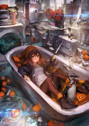 Rule 34 | 1girl, bathtub, beanie, bird, black pantyhose, boots, brown eyes, brown hair, copyright request, fish, floating, flood, flying fish, food, fruit, gradient hair, hat, highres, holding, holding knife, indoors, jacket, knife, lm7 (op-center), long sleeves, looking at viewer, lying, machine, matching hair/eyes, multicolored hair, on back, open clothes, open jacket, orange (fruit), pantyhose, penguin, radio, rubber duck, shirt, socks over pantyhose, solo, surreal, washing machine, water, wavy mouth, white shirt