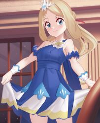 Rule 34 | 1girl, aqua eyes, armlet, bare shoulders, blonde hair, blue dress, closed mouth, clothes lift, commentary, cowboy shot, creatures (company), dress, dress lift, english commentary, eyelashes, flower, game freak, gazing eye, hair ribbon, highres, lifting own clothes, long hair, looking at viewer, mixed-language commentary, nintendo, official alternate costume, parted bangs, pokemon, pokemon masters ex, red ribbon, ribbon, serena (champion) (pokemon), serena (pokemon), smile, solo, tiara, white flower, wrist cuffs