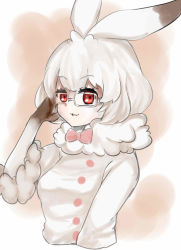 Rule 34 | 10s, 1girl, animal ears, bow, bowtie, rabbit ears, fur trim, glasses, gloves, highres, kemono friends, mountain hare (kemono friends), open mouth, red eyes, simple background, solo, tatsuno newo, upper body, white background, white hair