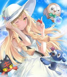 Rule 34 | &gt; o, 1girl, ;), air bubble, bare shoulders, blonde hair, blue ribbon, blue sky, braid, breasts, bubble, closed mouth, collared dress, commentary, cowboy shot, creatures (company), day, dress, fhilippedu, flower, game freak, gen 7 pokemon, green eyes, hat, hat flower, hat ribbon, holding, holding clothes, holding hat, holding poke ball, lillie (pokemon), litten, long hair, looking at viewer, nintendo, one eye closed, outdoors, poke ball, poke ball (basic), pokemon, pokemon (creature), pokemon sm, popplio, ribbon, rowlet, sky, sleeveless, sleeveless dress, small breasts, smile, starter pokemon trio, sun, sun hat, sundress, twin braids, white dress, white hat