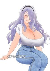 Rule 34 | 1girl, breasts, camilla (fire emblem), closed eyes, collarbone, denim, fire emblem, genm7, highres, huge breasts, jeans, nintendo, open mouth, pants, simple background, smile, solo