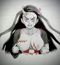 Rule 34 | 1girl, angry, arcai, black hair, breasts, breasts out, clenched teeth, collarbone, demon girl, demon horns, flower tattoo, highres, horn, horns, japanese clothes, kamado nezuko, kimetsu no yaiba, kimono, large breasts, long hair, looking at viewer, nipples, no bra, open clothes, open kimono, purple eyes, slit pupils, tattoo, teeth, traditional media, veins