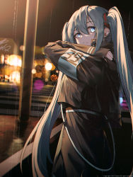 Rule 34 | 1girl, 39, absurdres, arm up, belt, black jacket, black skirt, blue eyes, blue hair, blurry, blurry background, closed mouth, commentary, crosswalk, hand on own shoulder, hatsune miku, highres, jacket, lamppost, long hair, long sleeves, looking at viewer, looking back, night, pasta (sanyan), sidelocks, skirt, solo, twintails, very long hair, vocaloid, white belt