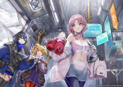 Rule 34 | 3girls, animal ears, arknights, bag, bare shoulders, bear ears, bear hair ornament, blonde hair, blue eyes, blue hair, blue jacket, blue poison (arknights), blue poison (shoal beat) (arknights), boxing gloves, braid, breasts, commentary request, duffel bag, english text, glaucus (arknights), gummy (arknights), hair ornament, hairband, highres, hood, hooded jacket, jacket, multicolored hair, multiple girls, official alternate costume, official art, open clothes, open jacket, pink hair, red eyes, rhodes island logo (arknights), sailor collar, short hair, shorts, sign, sports bra, streaked hair, twin braids, yoshimoto (dear life)