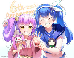 Rule 34 | 2girls, ^ ^, anniversary, blue hair, closed eyes, commentary request, emerane, english text, closed eyes, hair ribbon, japanese clothes, long hair, looking at viewer, midriff, multiple girls, navel, official art, oshiro project:re, oshiro project:re, purple hair, ribbon, samegao (oshiro project), second-party source, side ponytail, smile, taga (oshiro project), twintails, upper body, white ribbon, yellow eyes