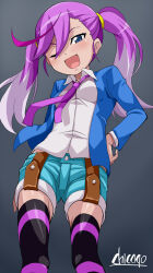 Rule 34 | 1girl, breasts, chicago-x, coat, denim, denim shorts, digimon, digimon universe: appli monsters, hand on own hip, highres, karan eri, long hair, necktie, one eye closed, shorts, small breasts, solo, standing, thighhighs, twintails
