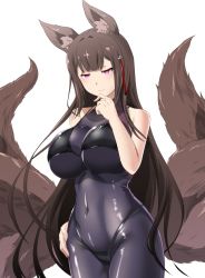 Rule 34 | 1girl, alternate costume, amagi (azur lane), animal ears, azur lane, bikini, black bikini, black bodysuit, black hair, blunt bangs, bodysuit, breasts, commentary request, eyeshadow, fox ears, fox girl, fox tail, hair ornament, hand on own chin, kitsune, kyuubi, large breasts, long hair, looking at viewer, makeup, multiple tails, purple eyes, sidelocks, simple background, skin tight, smile, smirk, solo, steed (steed enterprise), swimsuit, tail, thick eyebrows, white background