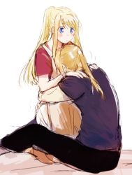 Rule 34 | 1boy, 1girl, :o, back turned, blonde hair, blue eyes, blue shirt, blush, dress, edward elric, fingernails, full body, fullmetal alchemist, hands on another&#039;s shoulders, hidden face, hug, long hair, looking at another, pants, ponytail, shirt, simple background, sitting, standing, tsukuda0310, white background, winry rockbell