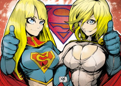 Rule 34 | 10s, 2013, 2girls, alien, animification, armor, blonde hair, blue eyes, blue gloves, breasts, cape, cleavage, cleavage cutout, clothing cutout, crop top, dated, dc comics, elbow gloves, gloves, grin, impossible clothes, jinbei, kryptonian, large breasts, leotard, light smile, locked arms, long hair, looking at viewer, midriff, multiple girls, one eye closed, open mouth, outline, parted bangs, pauldrons, power girl, red cape, s shield, short hair, shoulder armor, signature, sketch, skin tight, smile, supergirl, superhero costume, superman (series), swept bangs, symmetry, taut clothes, thumbs up, turtleneck, upper body, wink, zipper