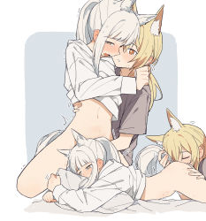 Rule 34 | 2girls, animal ear fluff, animal ears, arknights, blonde hair, blunt bangs, blush, bottomless, bright pupils, brown eyes, brown shirt, closed eyes, clothes lift, coldcat., convenient censoring, cunnilingus, female focus, fingering, grey background, grey hair, half-closed eyes, highres, hood, hood down, hoodie, hoodie lift, horse ears, horse girl, horse tail, hugging object, kneeling, lifting another&#039;s clothes, long hair, long sleeves, looking at another, looking down, lying, motion lines, multiple girls, multiple views, navel, nearl (arknights), on bed, on stomach, open mouth, oral, orange eyes, parted lips, pillow, pillow hug, platinum (arknights), ponytail, shirt, short sleeves, sidelocks, spread legs, sweater, sweater lift, t-shirt, tail, tail grab, tearing up, tears, two-tone background, white background, white hair, white hoodie, white sweater, yellow eyes, yuri