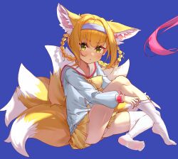Rule 34 | 1girl, animal ear fluff, animal ears, arknights, blonde hair, blue hairband, body fur, feet, flower, fox ears, fox girl, fox tail, furry, furry female, fuse tail, green eyes, hairband, highres, kitsune, kyuubi, lily of the valley, looking at viewer, medium hair, multiple tails, no shoes, socks, soles, suzuran (arknights), tail, ulrica.h