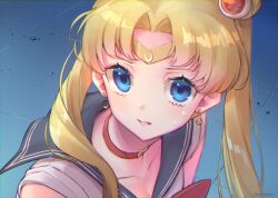 Rule 34 | 1girl, bishoujo senshi sailor moon, blonde hair, blue eyes, blue sailor collar, breasts, choker, cleavage, collarbone, commentary, dangle earrings, earrings, eyelashes, highres, jewelry, looking to the side, medium breasts, meme, parted lips, red choker, sailor collar, sailor moon, sailor moon redraw challenge (meme), shirt, solo, sweatdrop, symbol-only commentary, tendoshi, tsukino usagi, twintails, white shirt