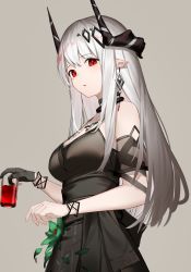 Rule 34 | 1girl, absurdres, arknights, bare shoulders, black dress, black gloves, bracelet, breasts, cine (wazd0183), collar, cowboy shot, cup, detached sleeves, dress, drinking glass, earrings, female focus, gloves, grey background, hair ornament, highres, holding, holding cup, horns, infection monitor (arknights), jewelry, long hair, medium breasts, mudrock (arknights), necklace, parted lips, partially fingerless gloves, pointy ears, red eyes, see-through, simple background, single glove, solo, white hair