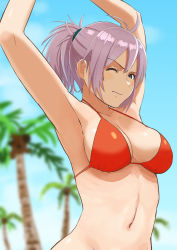 Rule 34 | 10s, 1girl, antenna hair, aoba (kancolle), armpits, arms up, bikini, bikini top only, blush, breasts, brown eyes, day, highres, ichinose rokujo, kantai collection, looking at viewer, medium breasts, navel, one eye closed, outdoors, palm tree, ponytail, purple hair, red bikini, solo, swimsuit, tree, upper body
