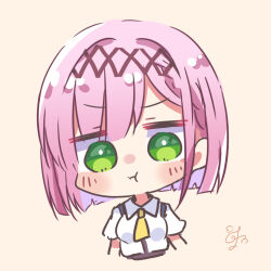 Rule 34 | 1girl, :i, absurdres, black hairband, blush, bob cut, breasts, chibi, closed mouth, commentary request, cropped torso, eyes visible through hair, green eyes, hair between eyes, hairband, highres, jitome, looking at viewer, medium breasts, medium hair, necktie, pink hair, pout, school uniform, shirt, short sleeves, signature, simple background, solo, tanikaze amane, tenshi souzou re-boot!, upper body, utuigawa, v-shaped eyebrows, white shirt, yellow background, yellow necktie