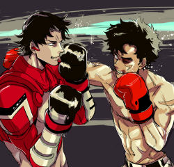 Rule 34 | 2boys, black hair, boxing, boxing gloves, bruise, bruised eye, earpiece, egg (cknlun), eye contact, facial scar, fighting, grey background, injury, joe (megalo box), looking at another, megalo box, multiple boys, punching, scar, scar on arm, scar on cheek, scar on face, scar on stomach, shirato mikio, toned, topless male, upper body