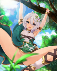 Rule 34 | 1girl, armpits, arms up, blurry, blurry foreground, branch, commentary request, convenient censoring, day, depth of field, detached sleeves, dress, flower, from below, green dress, hair flower, hair ornament, hanging, kokkoro (princess connect!), long sleeves, no panties, nonaka ritsu, outdoors, princess connect!, puffy long sleeves, puffy sleeves, see-through, see-through sleeves, solo, spread legs, tree, white flower