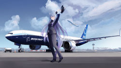 Rule 34 | 1girl, absurdres, aircraft, airplane, airport, arms up, bakanuki mika, black footwear, blue hair, blue sky, boeing, boeing 777, closed mouth, cloud, commentary request, formal, hat, highres, holding, holding clothes, holding hat, indie virtual youtuber, long hair, one eye closed, outdoors, pilot uniform, png pant (bus), shadow, shoes, sky, smile, solo, suit, trailer, unworn hat, unworn headwear, vehicle focus, virtual youtuber, wide shot, yellow eyes