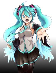 Rule 34 | 1girl, aqua eyes, aqua hair, bare shoulders, black thighhighs, detached sleeves, hair ribbon, hatsune miku, long hair, mku, necktie, open mouth, outstretched hand, ribbon, solo, thighhighs, twintails, very long hair, vocaloid