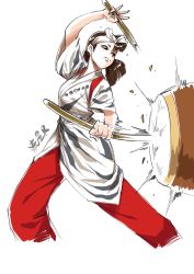 Rule 34 | 1girl, absurdres, bachi, black eyes, brown hair, closed mouth, drum, drumsticks, grey sash, headband, highres, holding, holding stick, instrument, japanese clothes, kimono, original, pants, plectrum, red pants, ryuusei (mark ii), sash, short sleeves, simple background, solo, standing, stick, taiko drum, white background