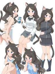 Rule 34 | 1girl, absurdres, animal ear fluff, animal ears, ass, black footwear, black shirt, black skirt, blue eyes, boots, bra, breasts, brown hair, can, cat ears, cat tail, cleavage, closed mouth, embarrassed, grey shorts, highres, holding, holding can, invisible chair, long hair, looking at viewer, mao lian (nekokao), medium breasts, miniskirt, multiple views, original, panties, pleated skirt, shirt, short shorts, shorts, simple background, sitting, skirt, smile, tail, tail raised, aina (mao lian), underwear, white background, white bra, white panties, white shirt