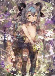Rule 34 | 1boy, ame sato, animal ears, blue hair, blush, borrowed character, centauroid, child, flower, goat boy, goat ears, goat horns, grey hair, holding, holding flower, horizontal pupils, horns, looking at viewer, male focus, medium hair, monster boy, multicolored hair, nature, original, solo, taur, traditional media, yellow eyes