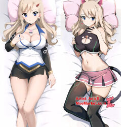 Rule 34 | 1girl, animal costume, animal ears, bare legs, bed, blonde hair, blue eyes, breasts, cat costume, cat ears, cat tail, cleavage, cleavage cutout, clothing cutout, dakimakura (medium), detached sleeves, earrings, eden&#039;s zero, grabbing own breast, head grab, head on pillow, highres, jewelry, large breasts, light smile, long hair, looking at viewer, lying, midriff, multiple views, navel, necklace, pencil skirt, pillow, rebecca bluegarden, skirt, tail, thighhighs, wide hips