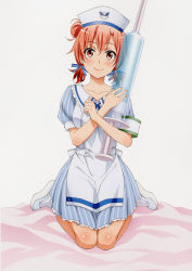 Rule 34 | 1girl, absurdres, apron, armband, back bow, bed sheet, blue dress, bow, closed mouth, collarbone, crossed arms, dress, frilled dress, frills, full body, hair bun, hair ribbon, hat, highres, holding, holding syringe, knees together feet apart, looking at viewer, nurse, nurse cap, official art, orange hair, oversized object, ribbon, scan, short sleeves, short twintails, simple background, single hair bun, sitting, smile, socks, solo, striped, syringe, twintails, vertical stripes, wariza, white apron, white background, white footwear, white socks, yahari ore no seishun lovecome wa machigatteiru., yuigahama yui