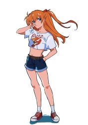 Rule 34 | 1girl, artist request, bare legs, blue eyes, breasts, brown hair, casual, eva 02, expressionless, floating hair, hair between eyes, hand in pocket, highres, interface headset, long hair, looking at viewer, neon genesis evangelion, print shirt, shirt, shorts, simple background, solo, souryuu asuka langley, standing, twintails, two side up, upper body, very long hair, white background
