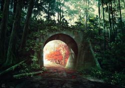 Rule 34 | autumn, autumn leaves, backlighting, commentary request, day, log, mocha (cotton), no humans, original, outdoors, overgrown, plant, scenery, signature, tree, tunnel