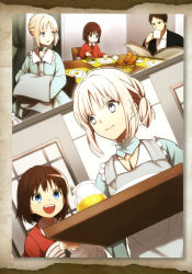Rule 34 | absurdres, aged down, apron, ayaka&#039;s father (fate/prototype), basket, blonde hair, blue eyes, bread, brown hair, cup, drinking, dutch angle, eating, egg, family, fate/prototype, fate/prototype: fragments of blue and silver, fate (series), food, fork, highres, indoors, loaf of bread, mug, nakahara (mu tation), official art, open mouth, plate, sajou ayaka (fate/prototype), sajou manaka, side ponytail, sitting, smile, table, window