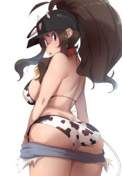 Rule 34 | 1girl, animal print, ass, back, baseball cap, bikini, blue eyes, breasts, brown hair, clothes pull, cow print, cow print bikini, cow tail, cowbell, creatures (company), game freak, hat, highres, hilda (pokemon), huge ass, kuronyan, large breasts, long hair, looking back, nintendo, pokemon, pokemon bw, ponytail, print bikini, shorts, shorts pull, simple background, solo, swimsuit, tail, thick thighs, thighs, white background