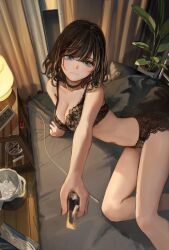 Rule 34 | 1girl, ashtray, bad anatomy, bed, black bra, black hair, black panties, blonde hair, blue eyes, bra, charger, choker, cigarette, cigarette pack, curtains, earrings, expressionless, hand rest, hashimoto kokai, highres, indoors, jewelry, lace, lace-trimmed bra, lace-trimmed choker, lace-trimmed panties, lace bra, lace choker, lace panties, lace trim, lamp, lingerie, lying, medium hair, multicolored hair, on bed, original, panties, pillow, plant, potted plant, short hair, sitting, solo, streaked hair, table, trash bag, trash can, underwear