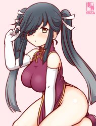 Rule 34 | 1girl, alternate costume, alternate hairstyle, artist logo, black hair, brown eyes, china dress, chinese clothes, dated, dress, elbow gloves, gloves, hair over one eye, hair ribbon, hayashimo (kancolle), kanon (kurogane knights), kantai collection, kneeling, long hair, one-hour drawing challenge, pink background, purple dress, ribbon, side slit, solo, twintails, very long hair, white gloves