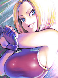 Rule 34 | 1girl, arms up, blonde hair, bloom, blue eyes, blue mary, bob cut, breasts, fatal fury, fingerless gloves, forehead, from below, from side, gloves, grin, highres, inverted bob, large breasts, light rays, lips, looking at viewer, parted bangs, parted hair, red shirt, shiny clothes, shirt, short hair, sideboob, sideways glance, skindentation, sleeveless, sleeveless shirt, smile, snk, solo, stretching, takumi watanuki, taut clothes, taut shirt, the king of fighters, tsurime, upper body