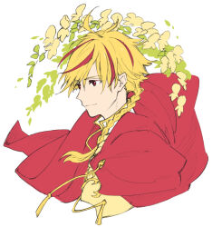 Rule 34 | 1boy, blonde hair, braid, cape, closed mouth, fate/strange fake, fate (series), flower, from side, isshoku (shiki), light smile, looking ahead, male focus, multicolored hair, portrait, red cape, red eyes, red hair, richard i (fate), simple background, sketch, solo, streaked hair, two-tone hair, white background