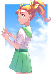 Rule 34 | 1girl, aozora middle school uniform, blue sky, bright pupils, closed mouth, cloud, cloudy sky, cowboy shot, day, from side, green eyes, green sailor collar, green skirt, hair ribbon, highres, ishidai (ishidai4682), jewelry, looking at viewer, medium hair, natsuumi manatsu, neckerchief, orange hair, outdoors, pink neckerchief, pleated skirt, precure, ribbon, ring, sailor collar, school uniform, serafuku, short sleeves, side ponytail, skirt, sky, smile, solo, standing, steepled fingers, tropical-rouge! precure, white pupils, yellow ribbon
