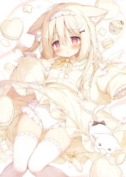 Rule 34 | 1girl, animal ear fluff, animal ears, blonde hair, bloomers, blush, cake, cat, cat ears, cat girl, cat tail, clothes lift, finger to mouth, food, frilled bloomers, gluteal fold, hair ornament, hairclip, highres, long hair, long sleeves, looking at viewer, lying, maid headdress, momozu komamochi, on back, original, red eyes, ribbon, shirt, skirt, skirt lift, sleeves past wrists, tail, tail ornament, tail ribbon, thigh gap, thighhighs, thighs, underwear, white bloomers, white thighhighs, yellow shirt, yellow skirt, yellow sleeves