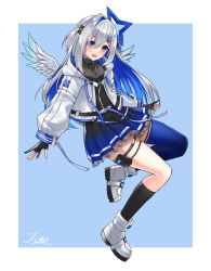 Rule 34 | 1girl, amane kanata, amane kanata (work), angel wings, asymmetrical legwear, black bow, black gloves, black shirt, black socks, blue eyes, blue hair, blue thighhighs, blush, bow, colored inner hair, commentary, drawstring, eyes visible through hair, feathered wings, frilled skirt, frills, full body, gloves, gradient skirt, hair between eyes, hair bow, hair ornament, hairclip, halo, highres, hololive, hood, hood down, hooded jacket, jacket, jewelry, kneehighs, long hair, long sleeves, looking at viewer, mismatched legwear, multicolored hair, necklace, open clothes, open jacket, open mouth, partially fingerless gloves, pink hair, pleated skirt, shirt, shoes, signature, silver hair, simple background, single kneehigh, single sock, single thighhigh, skirt, smile, socks, solo, star halo, streaked hair, thigh strap, thighhighs, two side up, uneven legwear, very long hair, virtual youtuber, white footwear, white jacket, wings, z.m. (zimin)