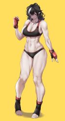Rule 34 | 1girl, abs, absurdres, anagumasan, arm at side, bad id, bad twitter id, bare shoulders, black hair, breasts, cleavage, closed mouth, earrings, fang, feet, gloves, hand up, highres, jewelry, large breasts, medium hair, multicolored hair, muscular, muscular female, navel, necklace, original, padded gloves, pointy ears, red eyes, sidelocks, simple background, sleeveless, smile, solo, sports bra, standing, stomach, thighs, toes, white hair, yellow background
