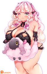 Rule 34 | 1girl, animal ears, armband, artist name, bare shoulders, black bra, blue eyes, blush, bra, braid, breasts, cleavage, creatures (company), game freak, gen 8 pokemon, gradient hair, horns, huge breasts, lingerie, long hair, looking at viewer, multicolored hair, nintendo, one eye closed, personification, pink hair, pink ribbon, plump, pokemon, pokemon (creature), ribbon, sheep ears, sidelocks, sumisumii, thick thighs, thighs, twin braids, underwear, very long hair, white hair, wooloo, yellow pupils