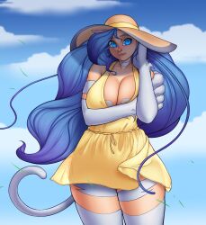 Rule 34 | animal ears, bare shoulders, blue hair, blue sky, breasts, cat ears, cat tail, cleavage, cloud, dress, felicia (vampire), hat, highres, huge breasts, long hair, short dress, sky, sleeveless, sun hat, sundress, tail, thick thighs, thighs, vampire (game), very long hair, weaponized thickness, white fur, yellow dress